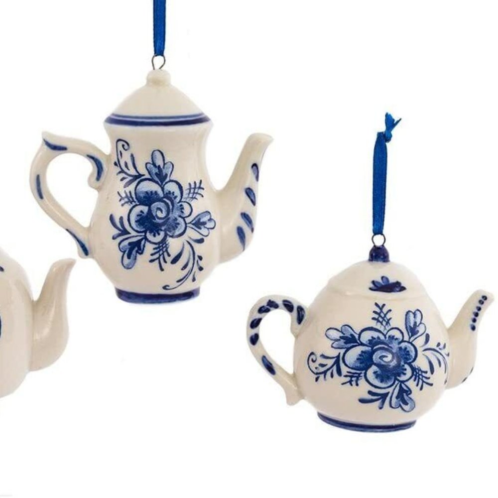 NWT Kurt Adler 3 Porcelain Delft Blue Teapot Ornament-tea party-favor-decor-hang